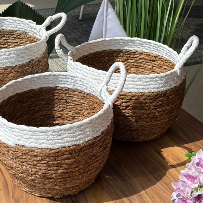 Two-Tone Seagrass Baskets with Handles - Set Of 3