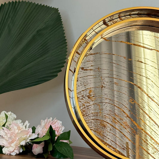 Golden Wave Round Mirror Serving & Decorative Tray