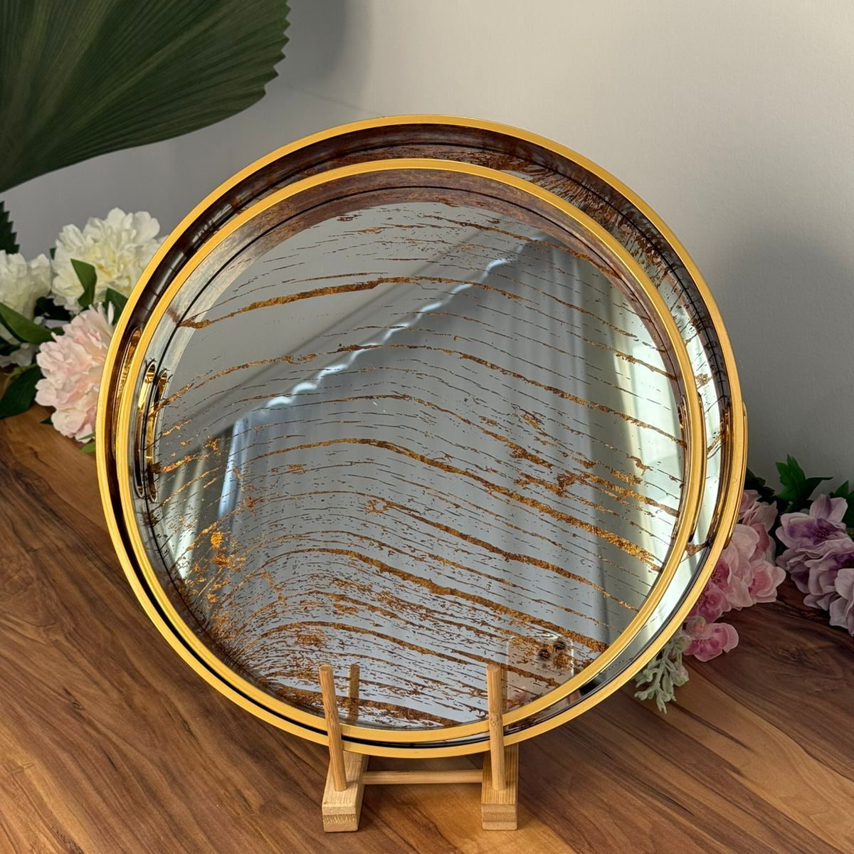 Golden Wave Round Mirror Serving & Decorative Tray