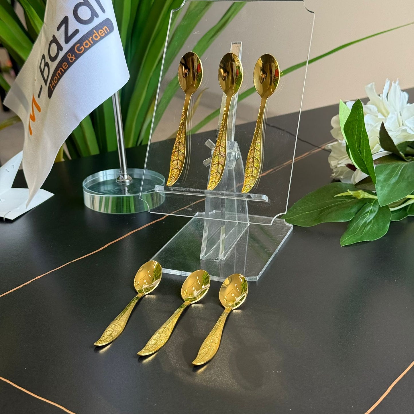 Golden - Silver Leaf Design Stainless Steel Spoons – Set of 6