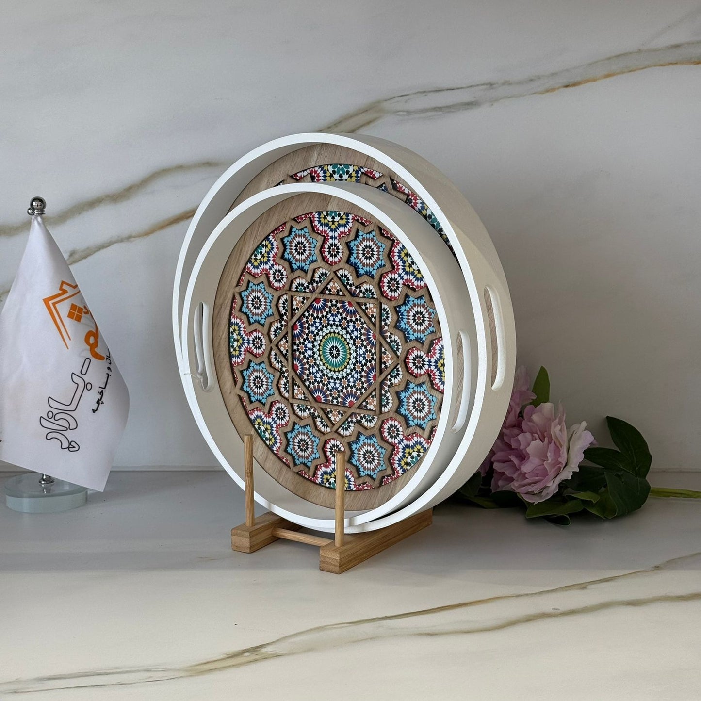 Round Decorative Wooden Serving Tray Set