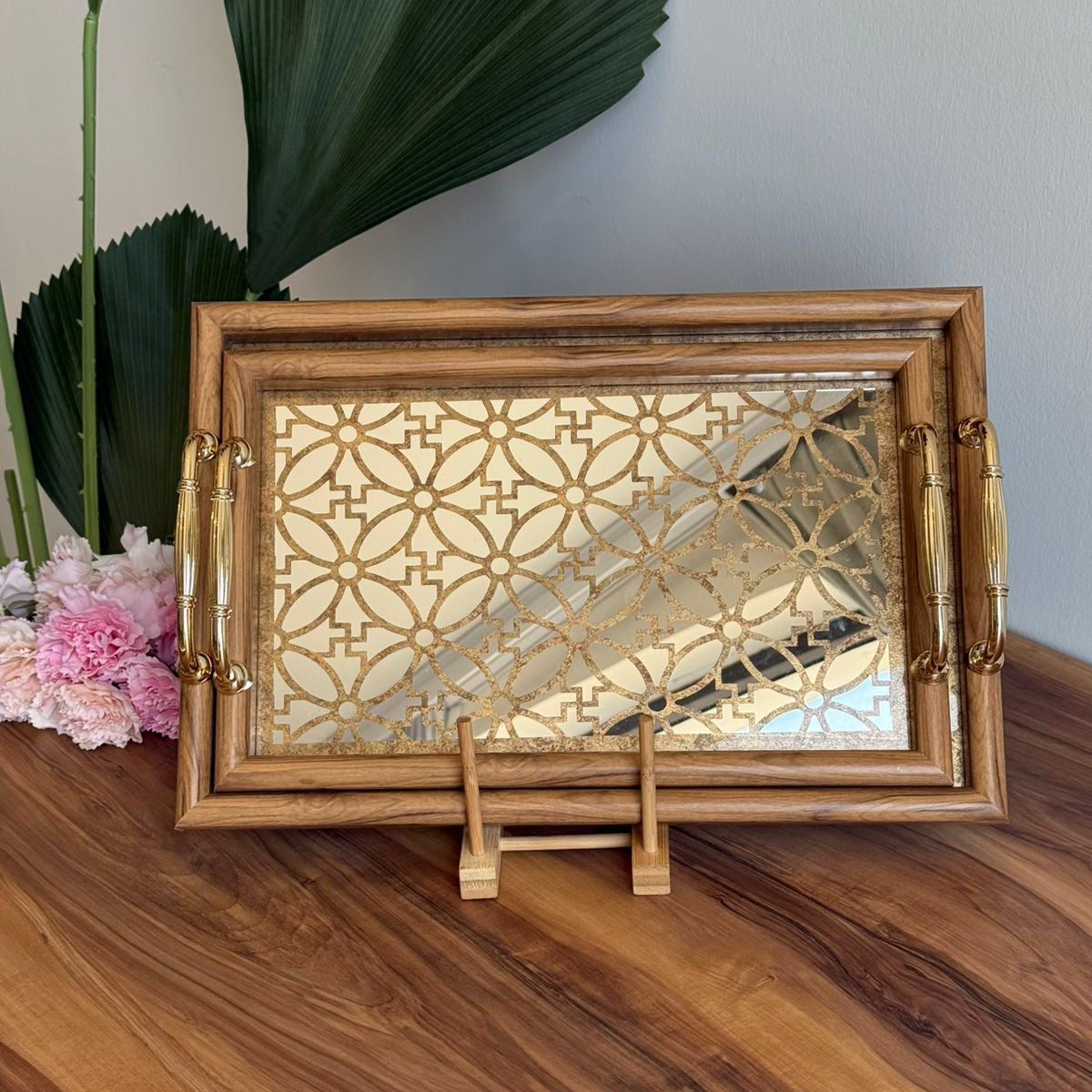 Classic Wooden Frame Mirror Tray With Handles