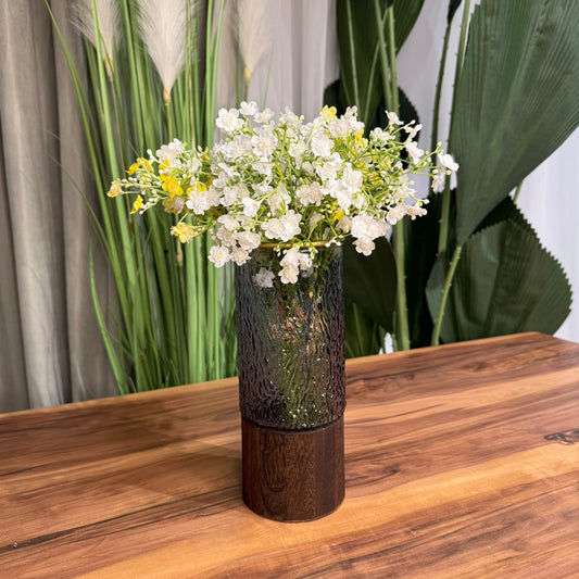 Textured Smoke Glass & Wood Accent Vase