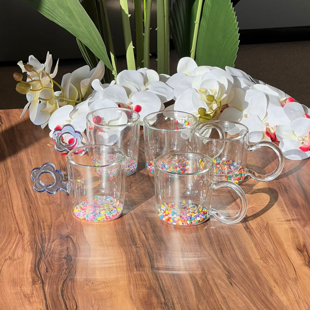 Trasparent Double wall Confetti Flower Handle Glass Mug