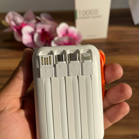10000mAh 4-in-1 Power Bank | Built-in Cables, LED Display & Flashlight