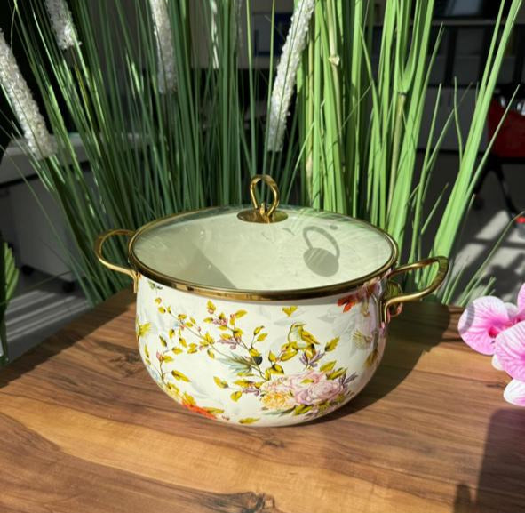 Floral Enamel Gold-Rim Casserole Pot