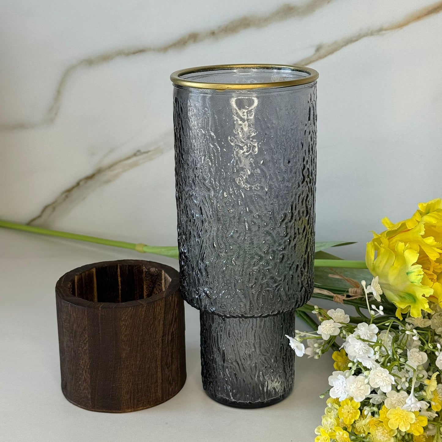 Textured Smoke Glass & Wood Accent Vase