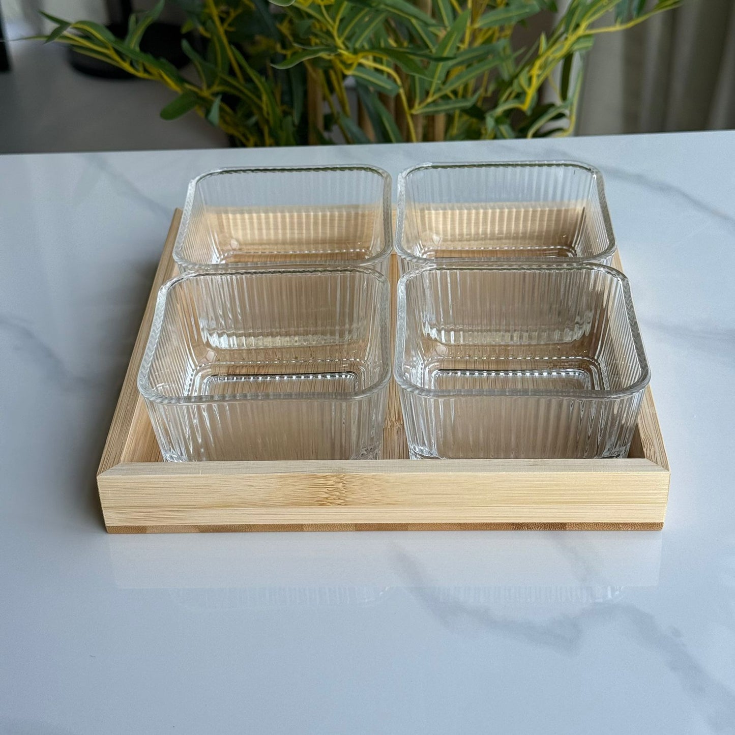 4-Piece Serving Bowl Set with Wooden Serving Tray