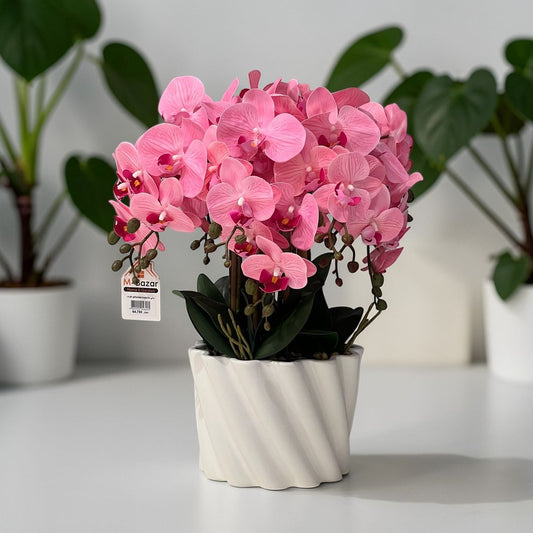 زهرة أوركيد صناعية أنيقة مع مزهرية للزينة - وردي وأبيض