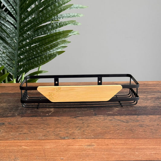 Modern Wall-Mounted Storage Rack with Natural Wood Base & Black Metal Frame