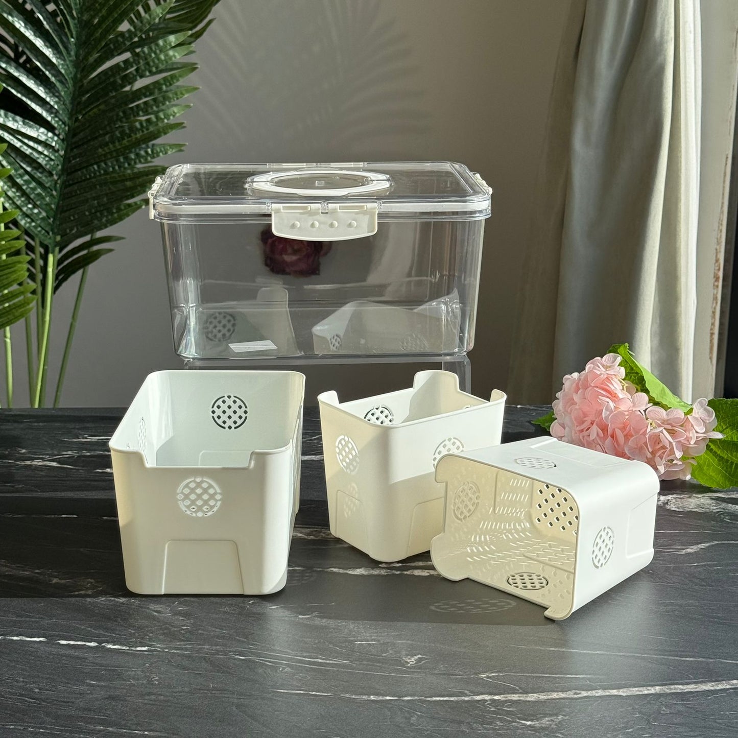 Modern Airtight Food Storage Container with 3 Removable Drain Baskets