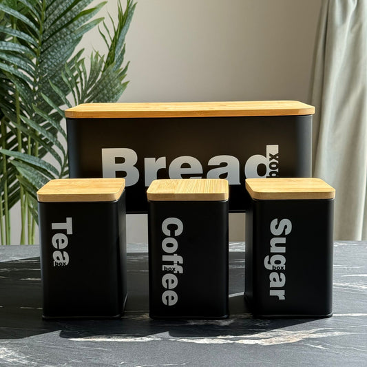 Modern Bread Bin with Storage Canister Set And Wooden Lid