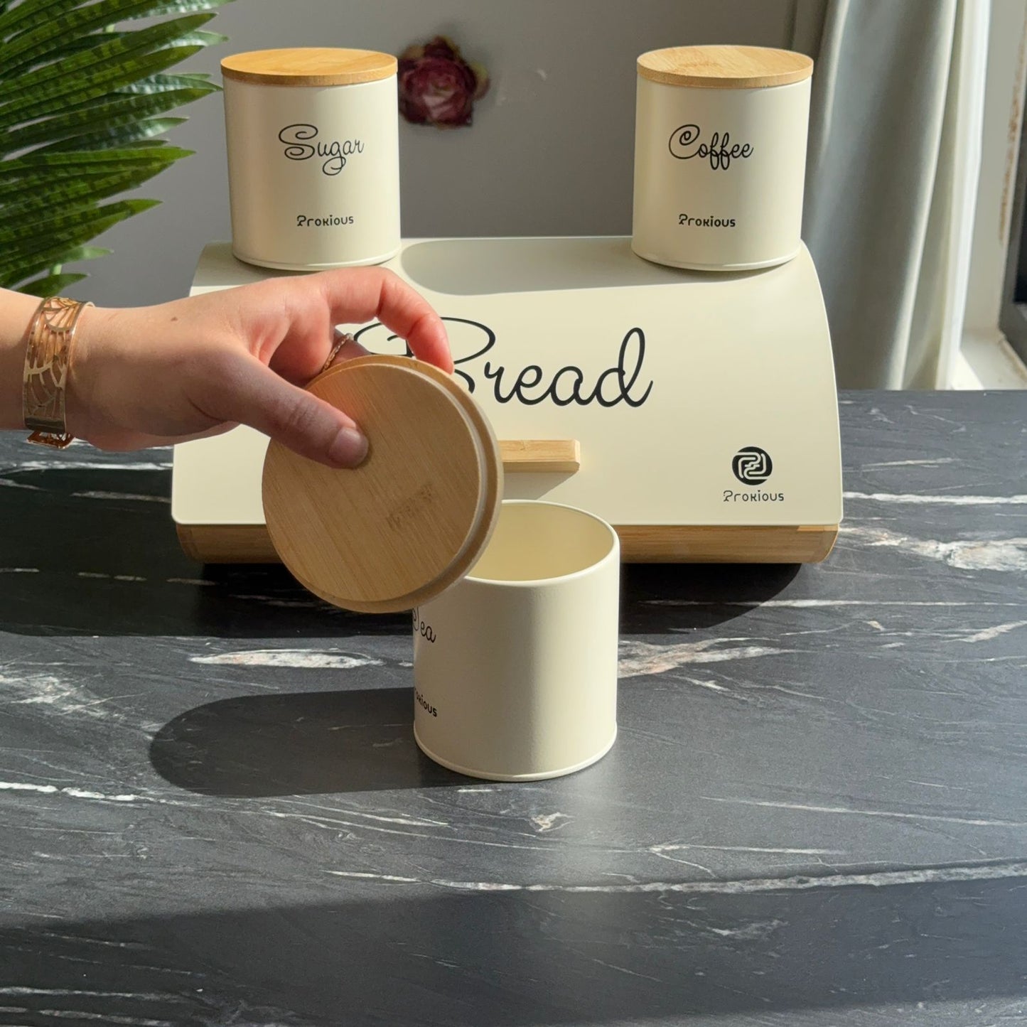 Modern Bread Bin with Storage Canister Set & Wooden Lid