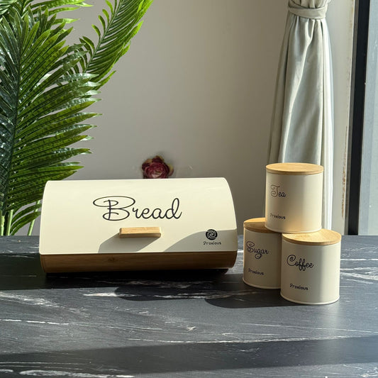 Modern Bread Bin with Storage Canister Set & Wooden Lid