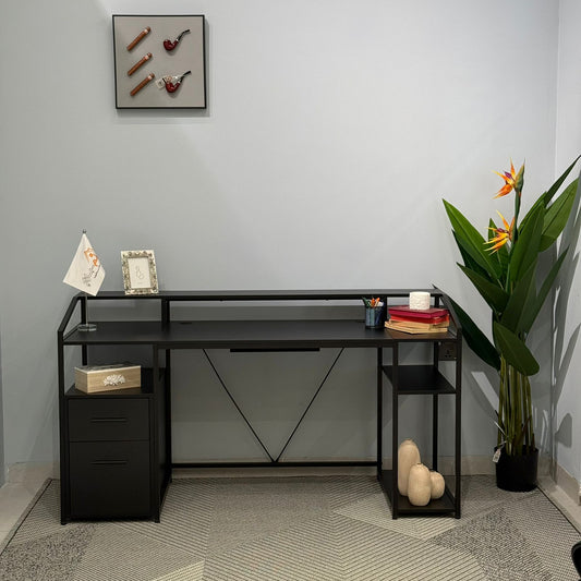 Modern Workspace Desk with Side Storage Shelves & Cabinets