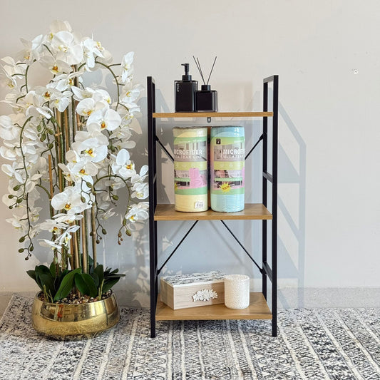 Modern Multi-Tier Storage Shelf with Metal Frame & Wooden Shelves