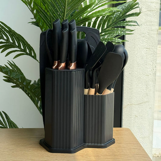 Modern Silicone Kitchen Utensil Set with Wooden Handles & Knife Block Organizer
