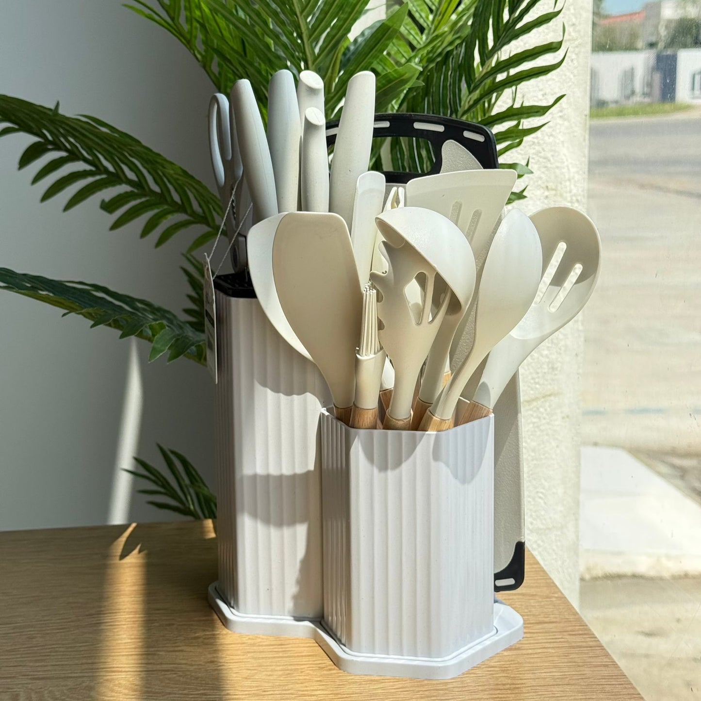 Modern Silicone Kitchen Utensil Set with Wooden Handles & Knife Block Organizer