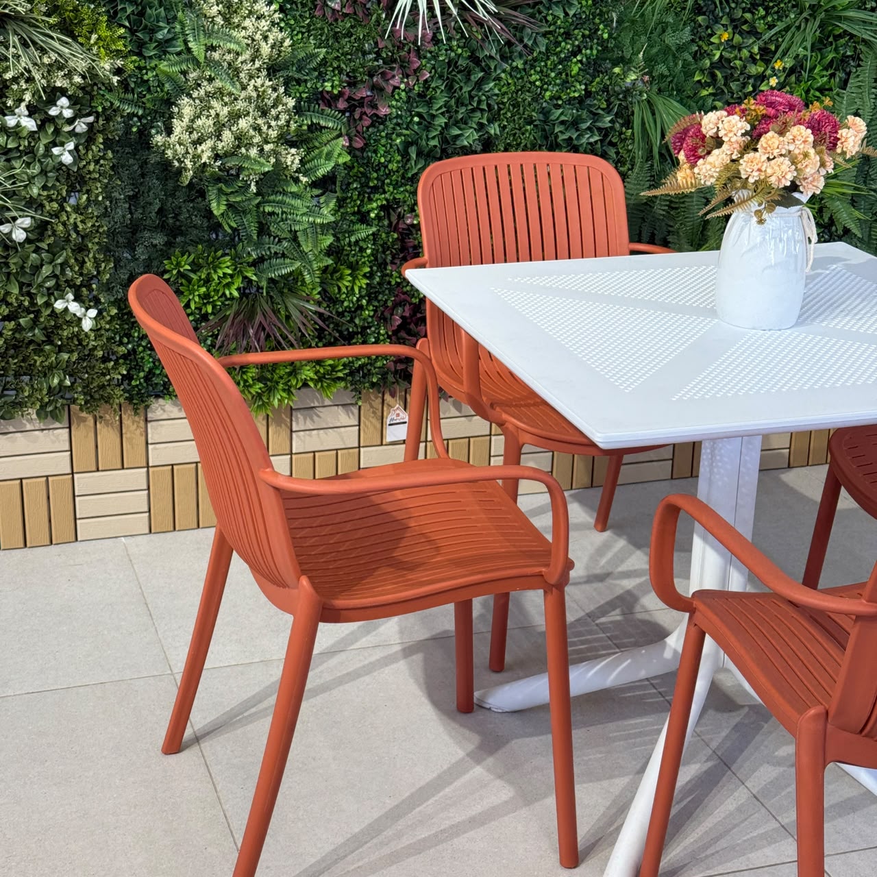 Modern Outdoor Dining Table & Chair Set - White & Orange