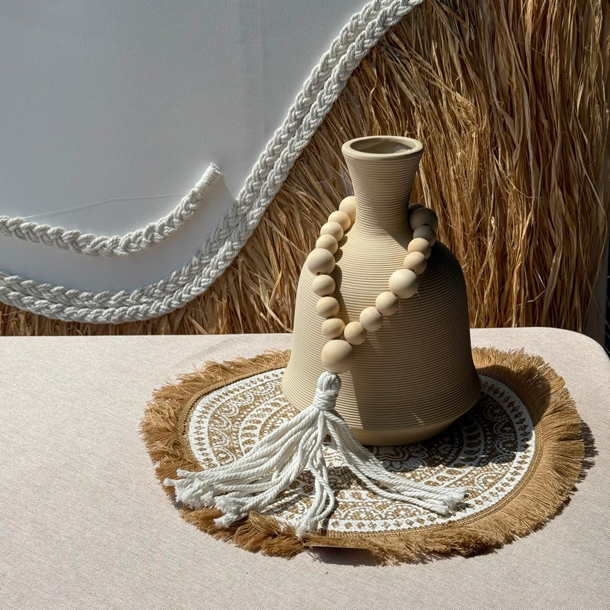 Minimalist Natural Wooden Bead Garland Accent with Tassel