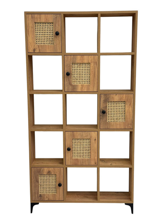 Modern Wooden Multi-Compartment Storage Cabinet with Rattan Doors