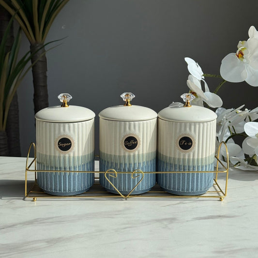 Luxury Ceramic Coffee, Sugar & Tea Storage Jar Set with Metallic Stand