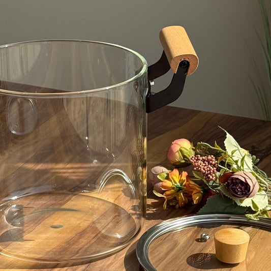 Modern Glass Cooking Pot with Wooden Handles and Lid