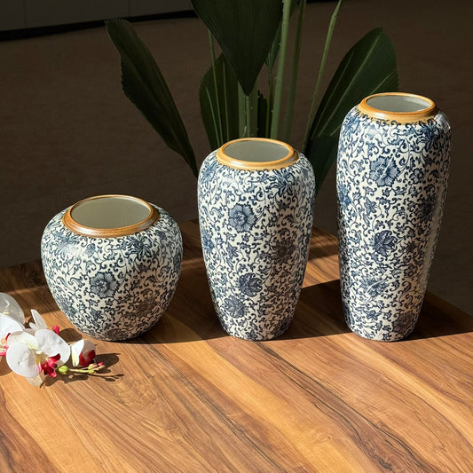 Elegant Blue Vases With Floral Motif And Orchid Touch