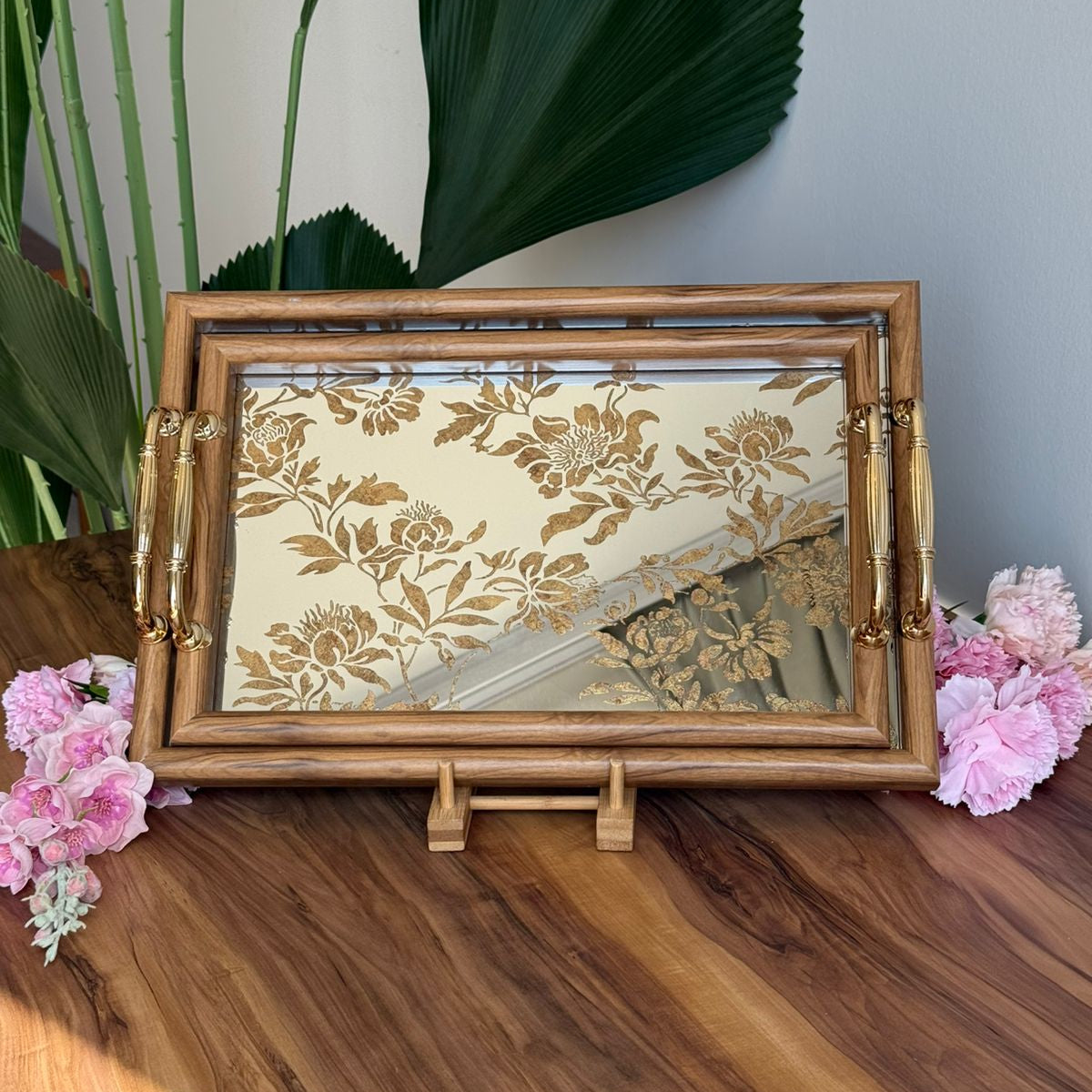 Golden Floral Mirror Tray With Wooden Frame