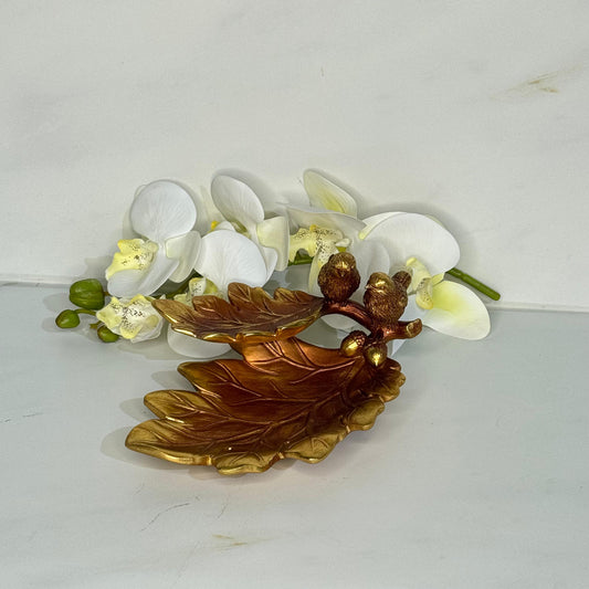 Golden Leaf Tray With Birds Accent