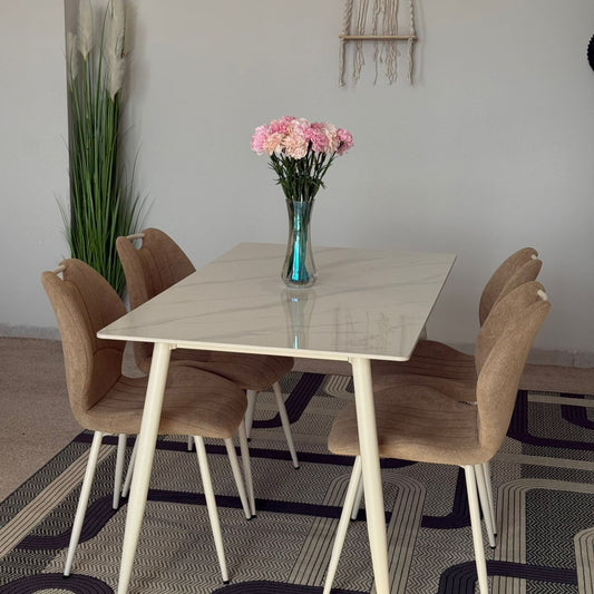 Dany Table and Roza Chairs Dining Set - White & Light Brown