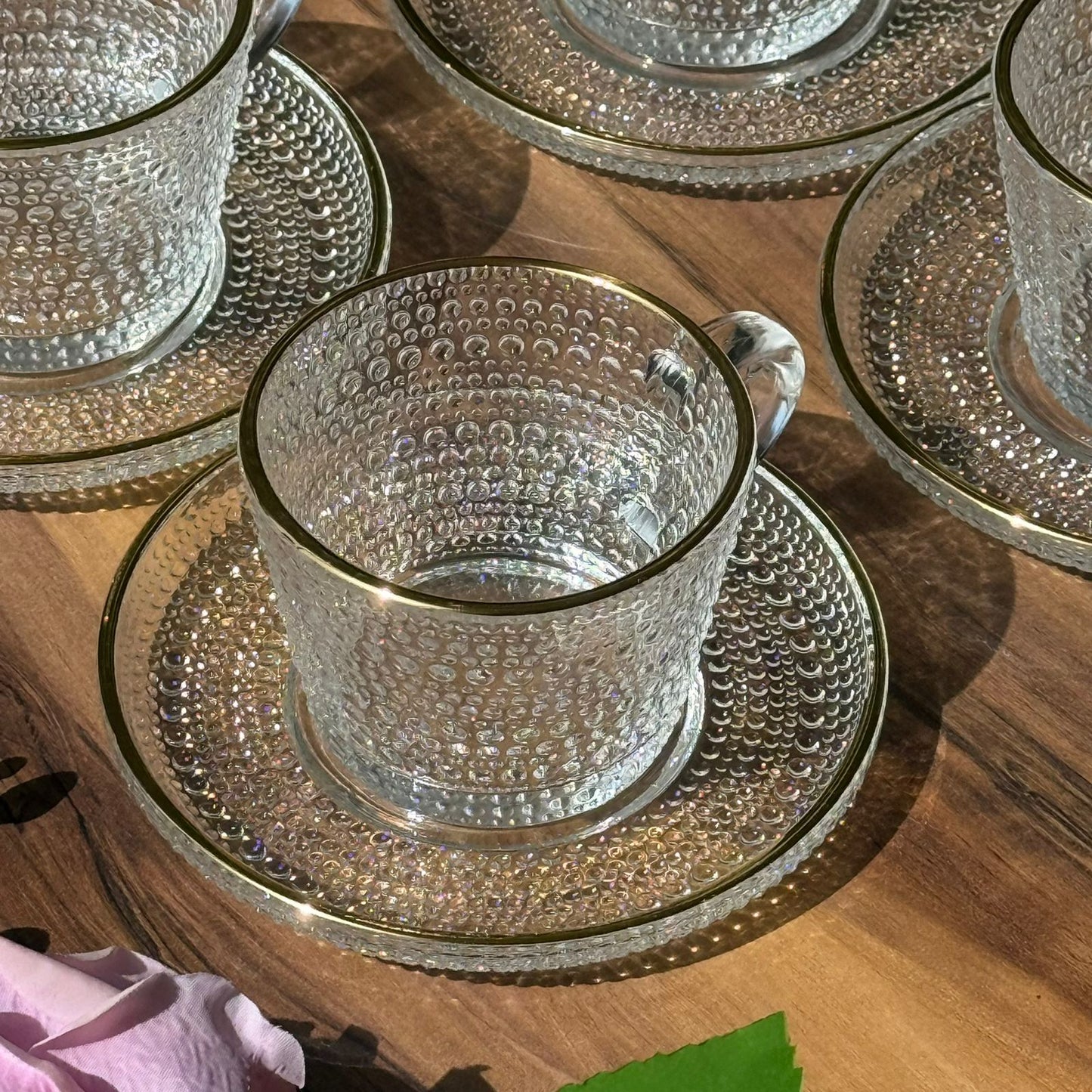 Golden Rim Textured Glass Teacup Set