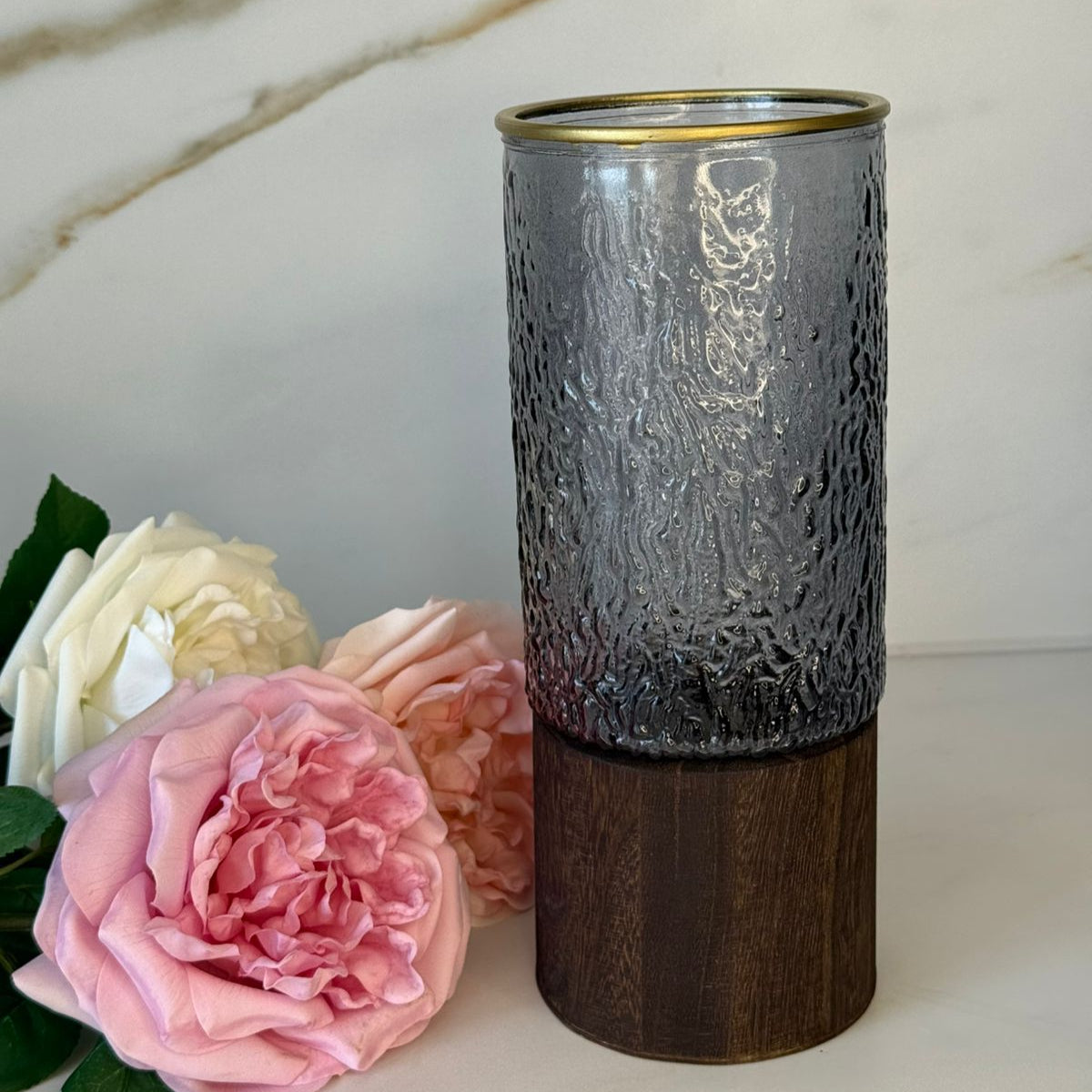 Textured Smoke Glass & Wood Accent Vase
