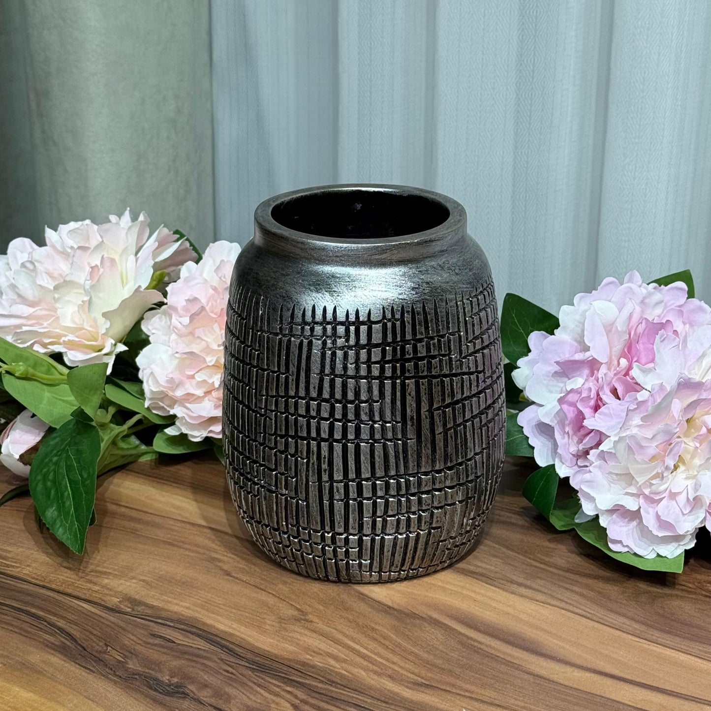 Rustic Grid-Textured Ceramic Vase