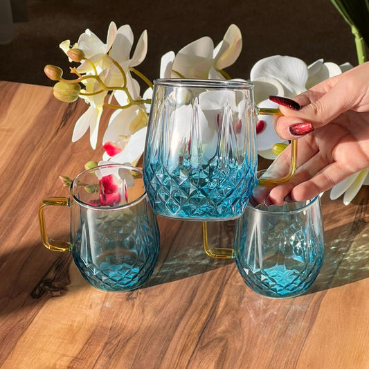 Set Of Transparent Blue Diamond Pattern Glass Mug - 6 Pieces