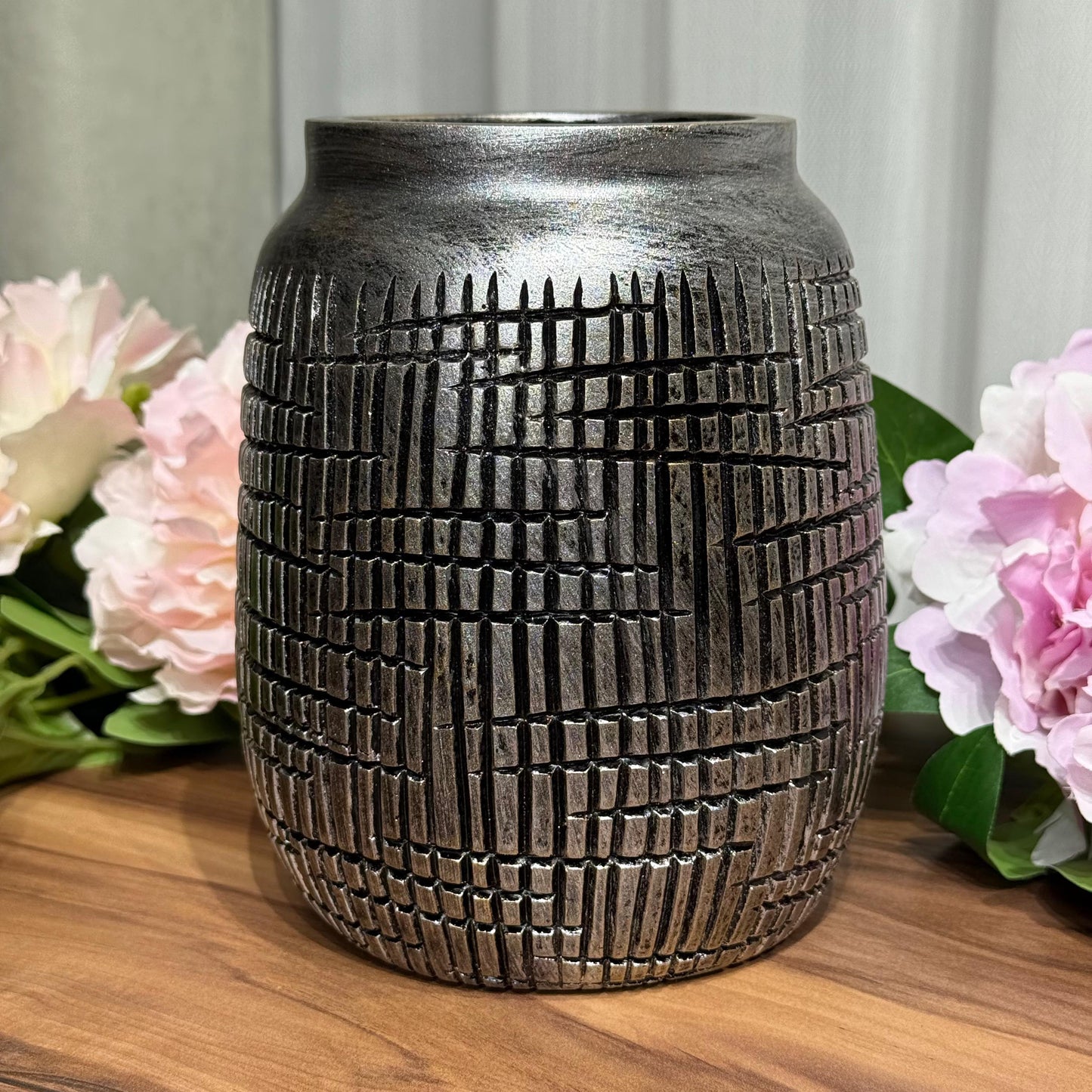 Rustic Grid-Textured Ceramic Vase