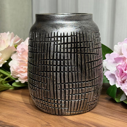 Rustic Grid-Textured Ceramic Vase