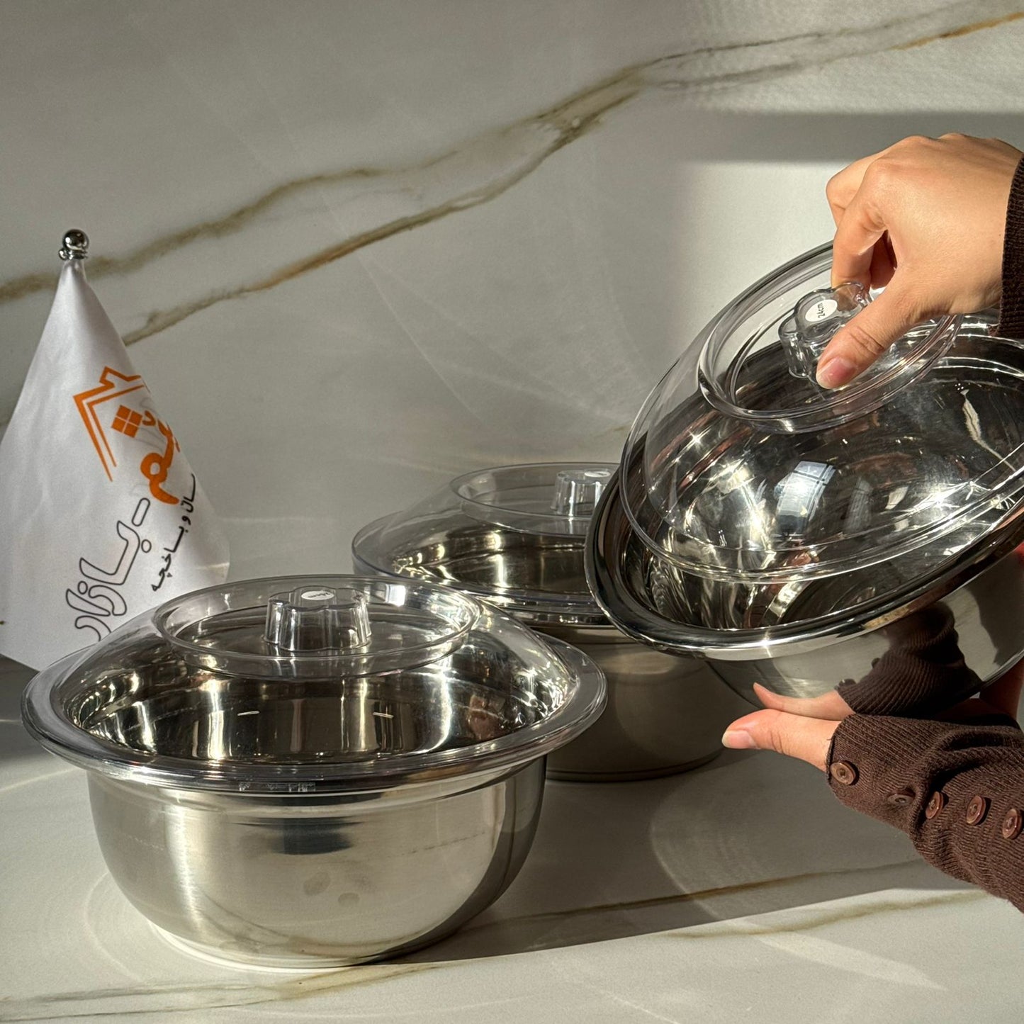 Elegant Silver Stainless Steel Bowl Set with Lids- 3 PCS