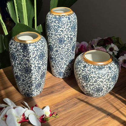 Elegant Blue Vases With Floral Motif And Orchid Touch