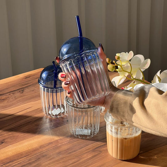 Trasparent Iced Coffee Glass with Bubble Lid and Strew