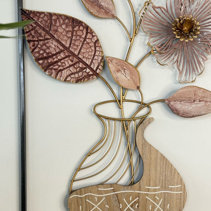 Elegant Metal Vase Of Flowers With Frame Wall Decor