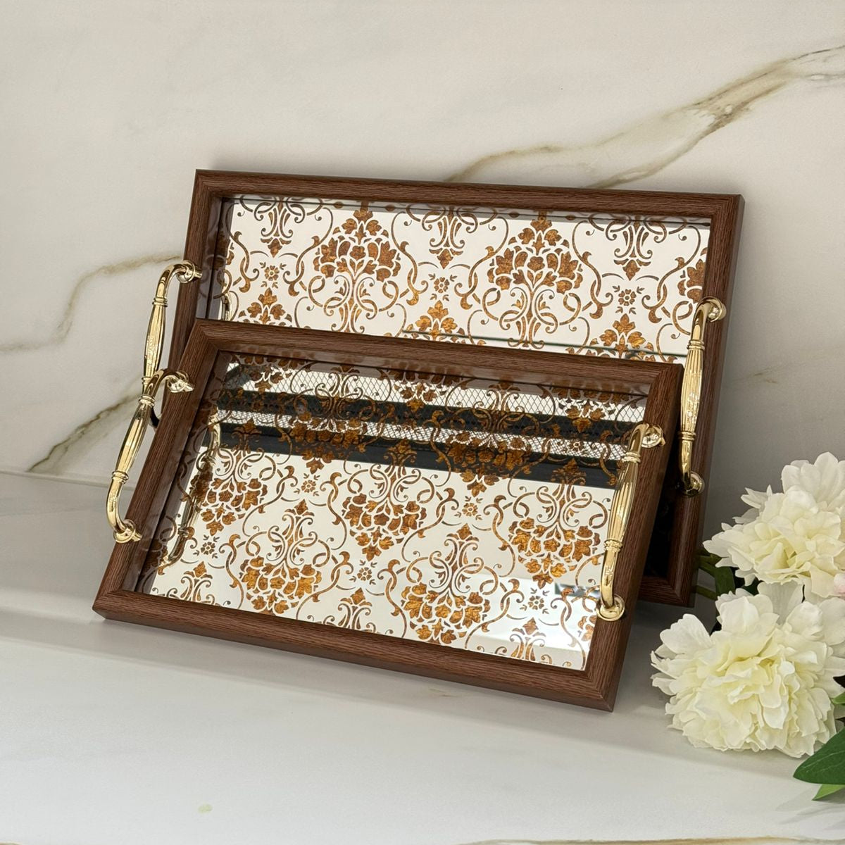 Golden Floral Mirror Tray With Wooden Frame - Dark Brown