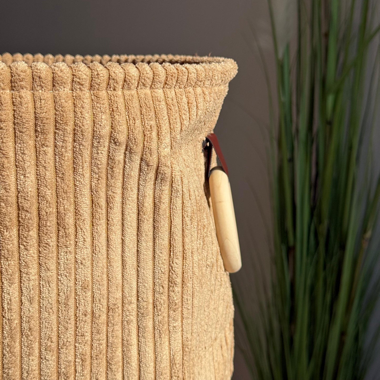 Corduroy Storage Basket with Wooden Ring Handles