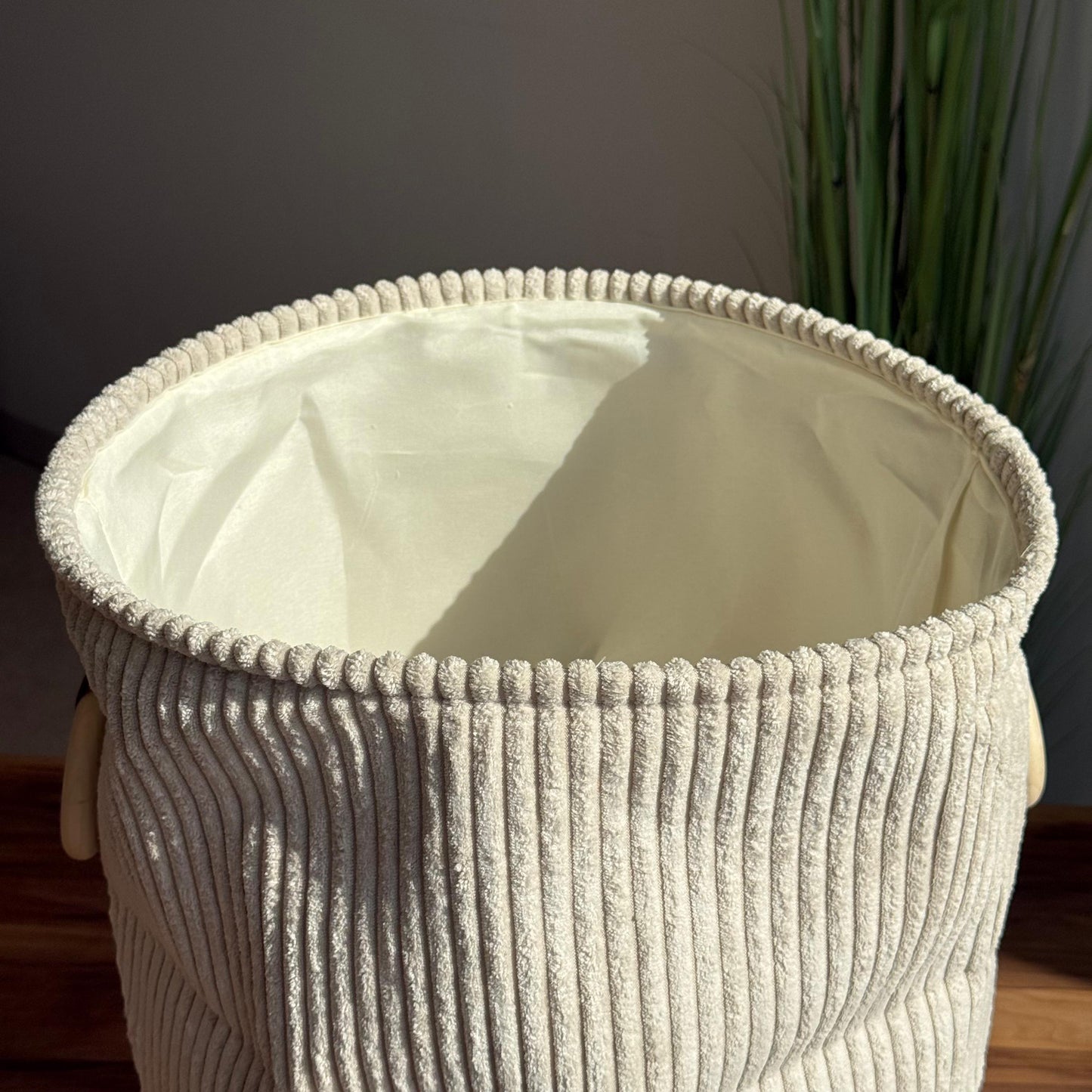 Corduroy Storage Basket with Wooden Ring Handles