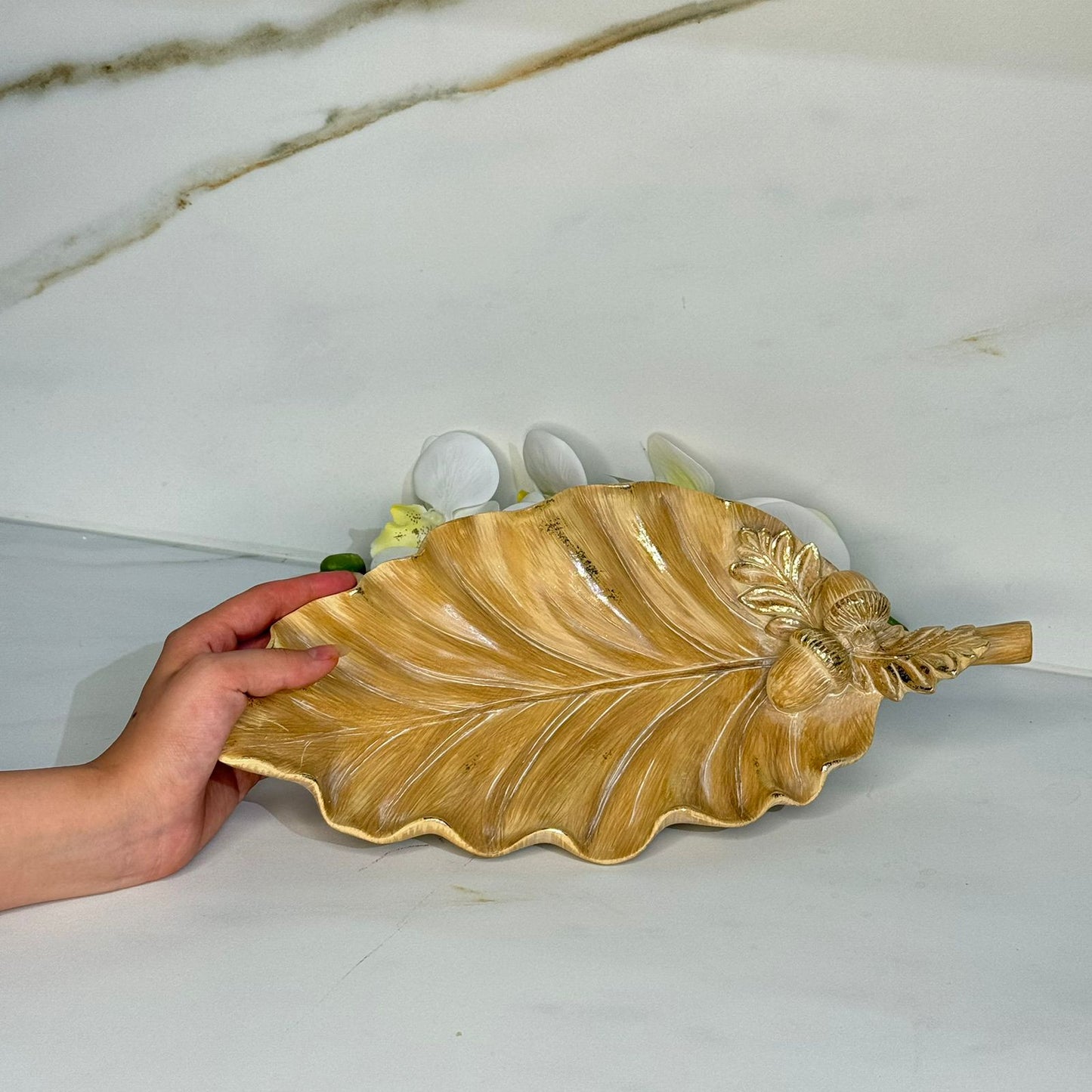 Rustic Leaf Ceramic Tray With Acorn & Pinecone Detail