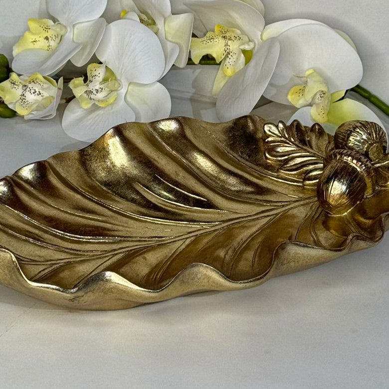 Rustic Leaf Ceramic Tray With Acorn & Pinecone Detail