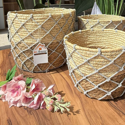 Woven Planter Baskets With Macrame Netting