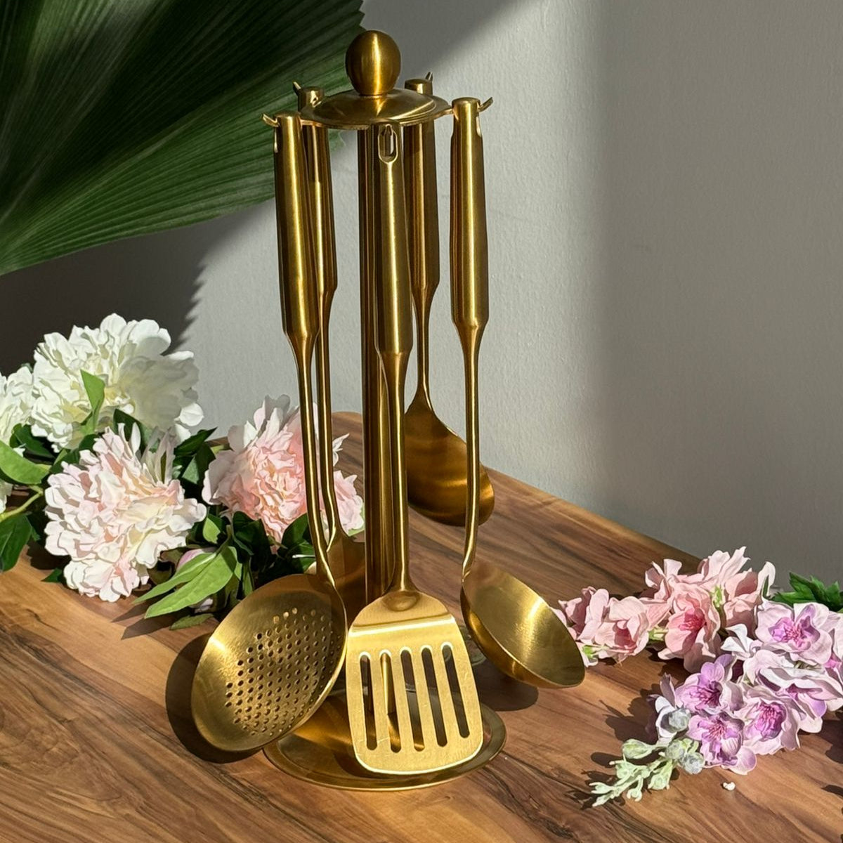 Elegant Gold Stainless Steel Cooking Utensil Set With Stand