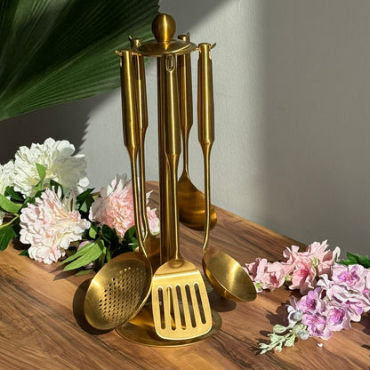 Elegant Gold Stainless Steel Cooking Utensil Set With Stand