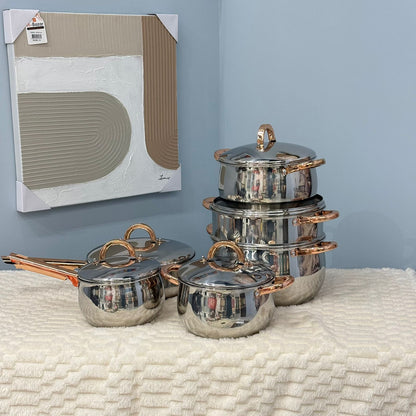 سێت مەنجەڵی چێشتلێنان لە پۆڵا ستانلێس بە دەستەی زێرین